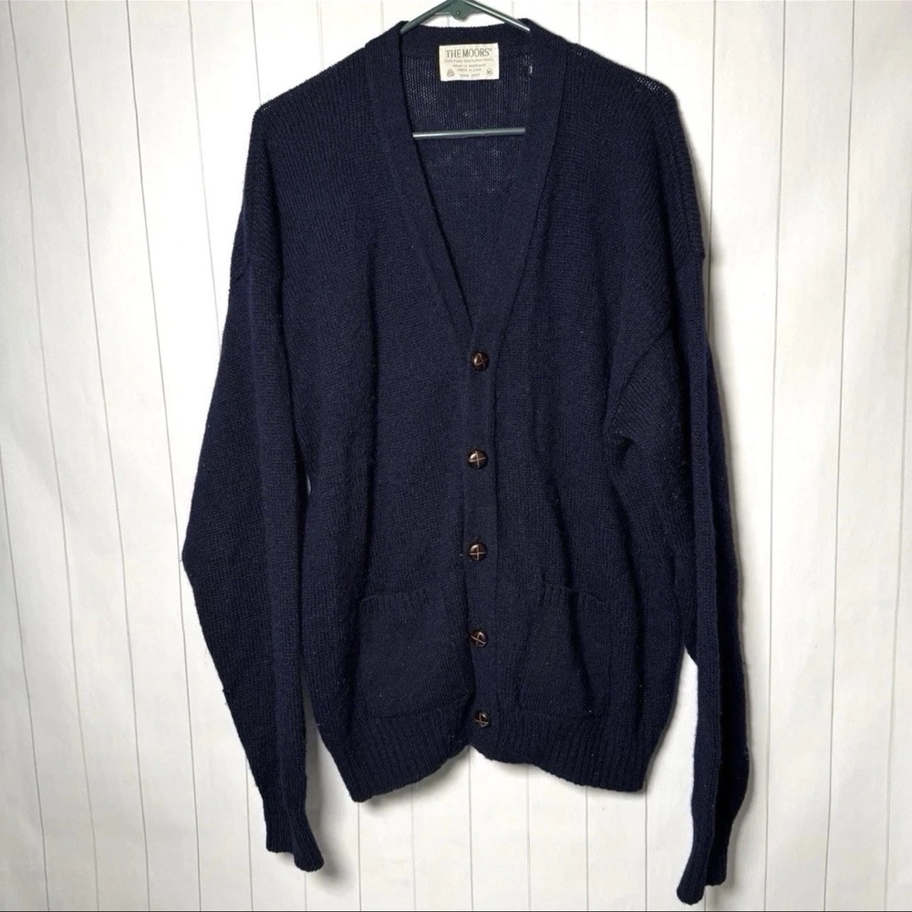 VTG The Moors Lord Jeff 100% Pure Shetland Wool Cardigan Sweater‎ Navy Blue XL